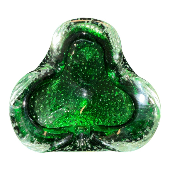 Vintagea Green Glass Ashtray with Controlled Bubble Design, Decorative Cigar Hol